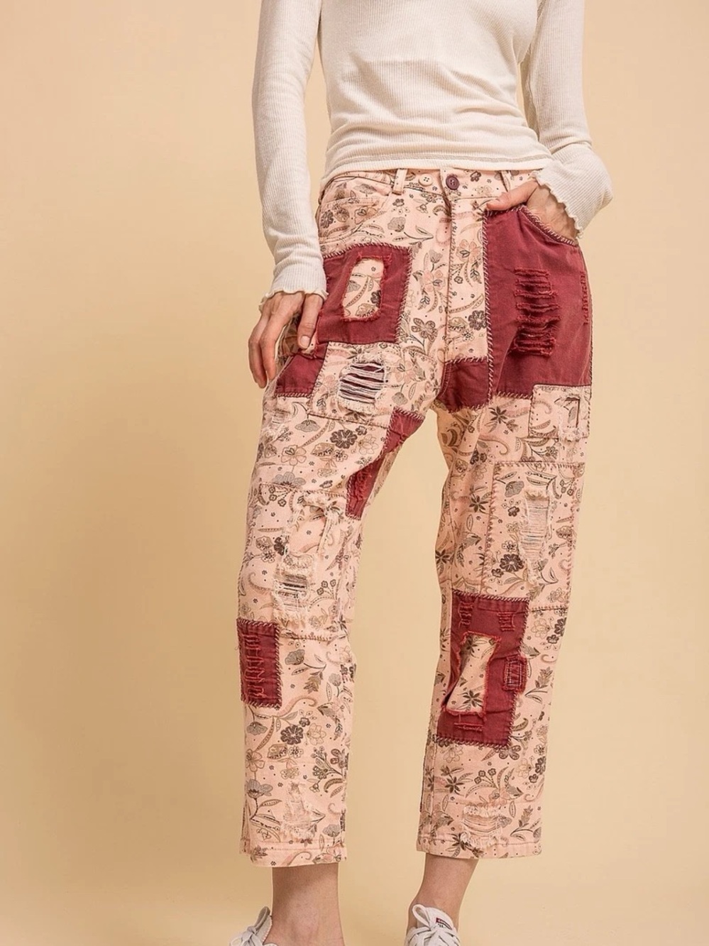 Blue Velvet Floral Patchwork Distressed Cropped Pants